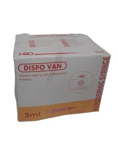 Dispovan Hypodermic 3mL Syringes with Needle Size 0.55 X 25mm/24G X 1", 1 Box (100) For single use only